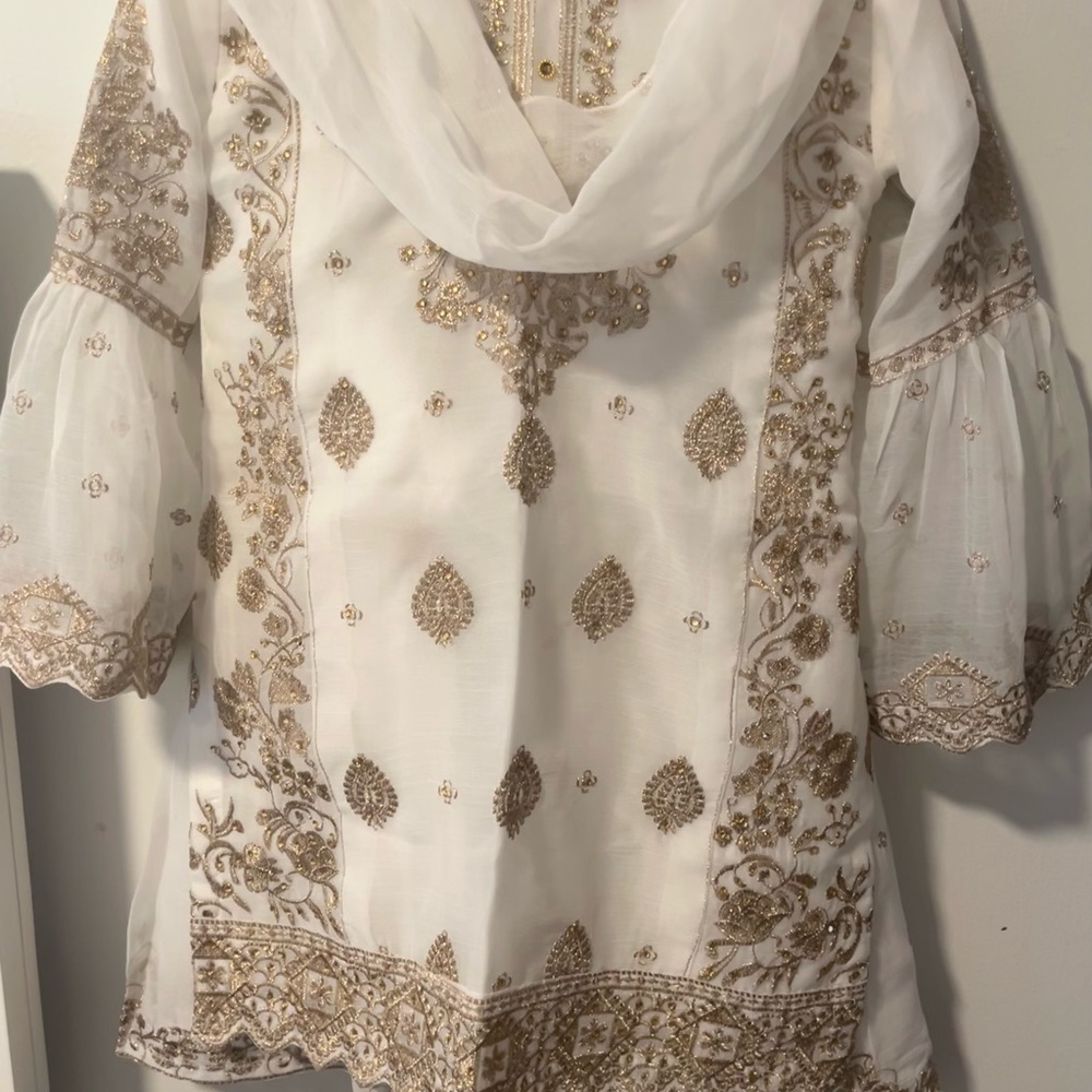 White Embroidered 3 piece with Gold Sequined  Accents